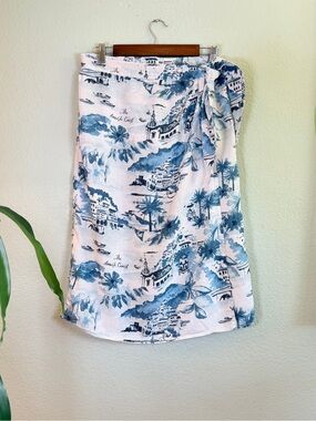 Cynthia Rowley Linen Blue White Amalfi Coastal Print Bohemian Beach Wrap Skirt L
